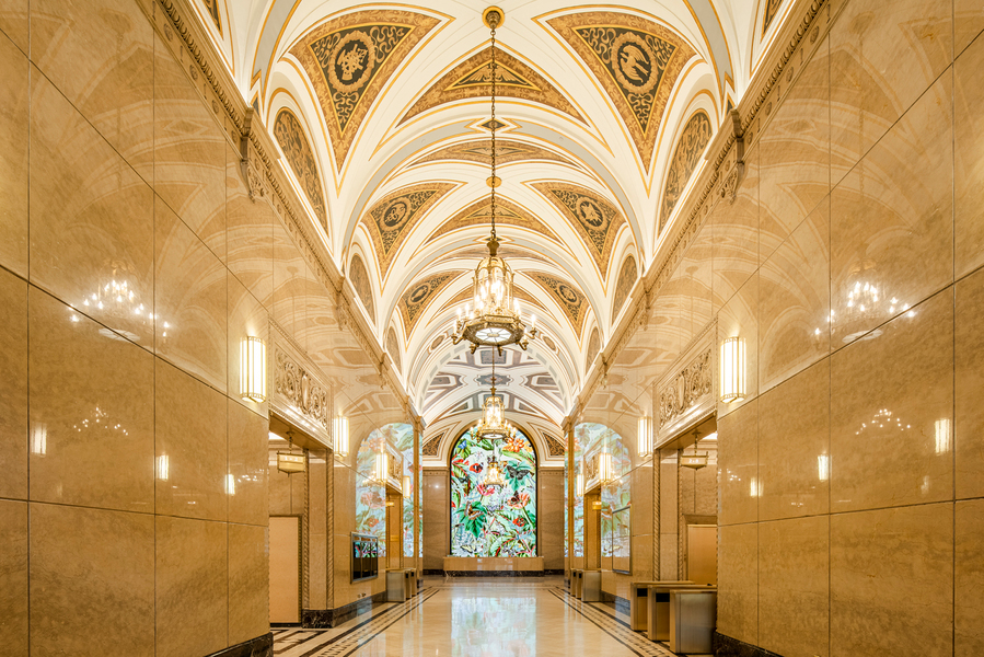 Lobby photo showing stained glass mural